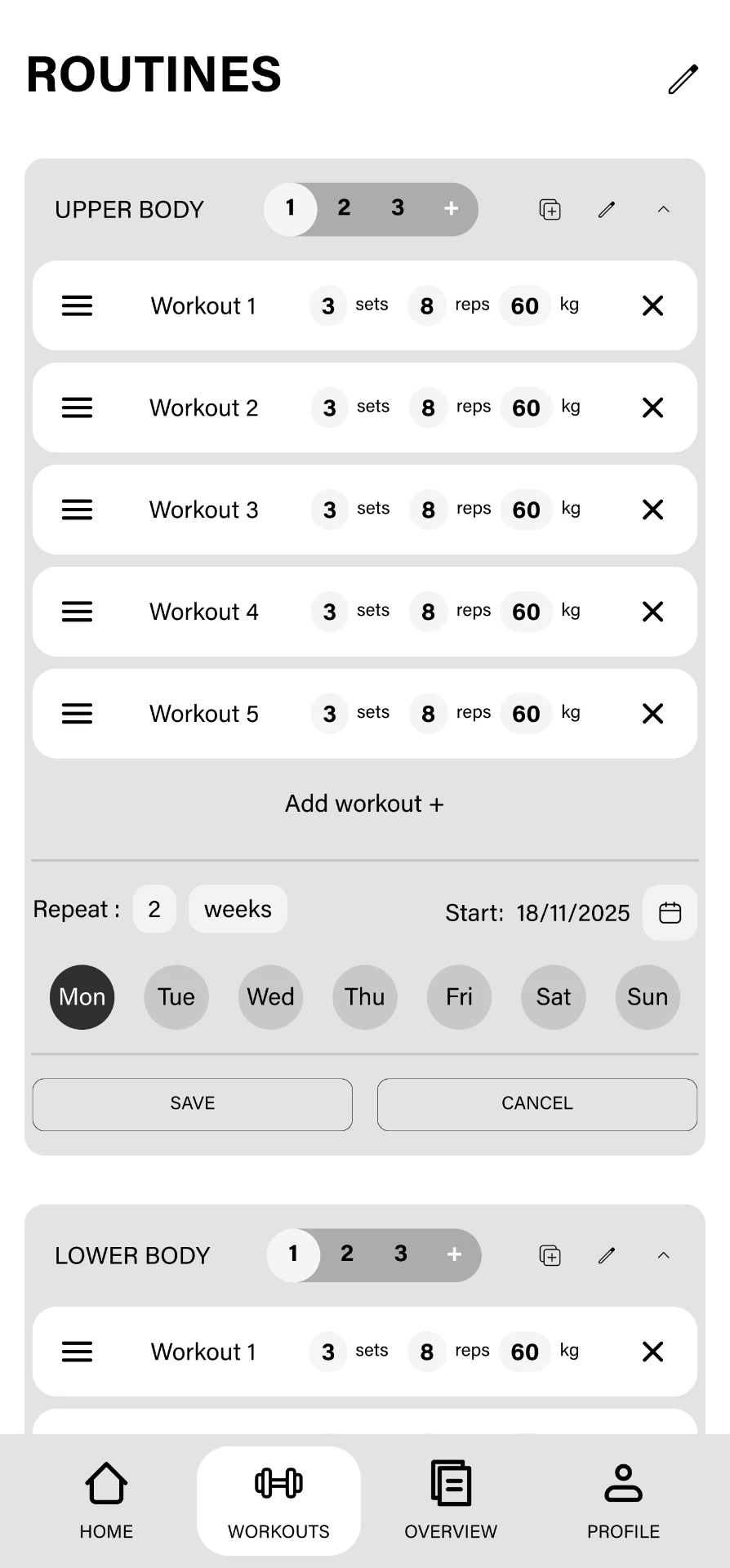 High-fidelity wireframe of the Chalk routines screen with editable weekly workout templates