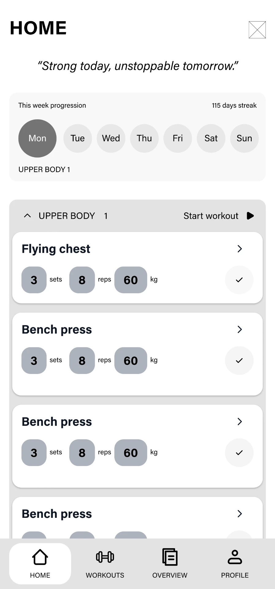 High-fidelity wireframe of the Chalk home screen with today's workout list and weekly progression