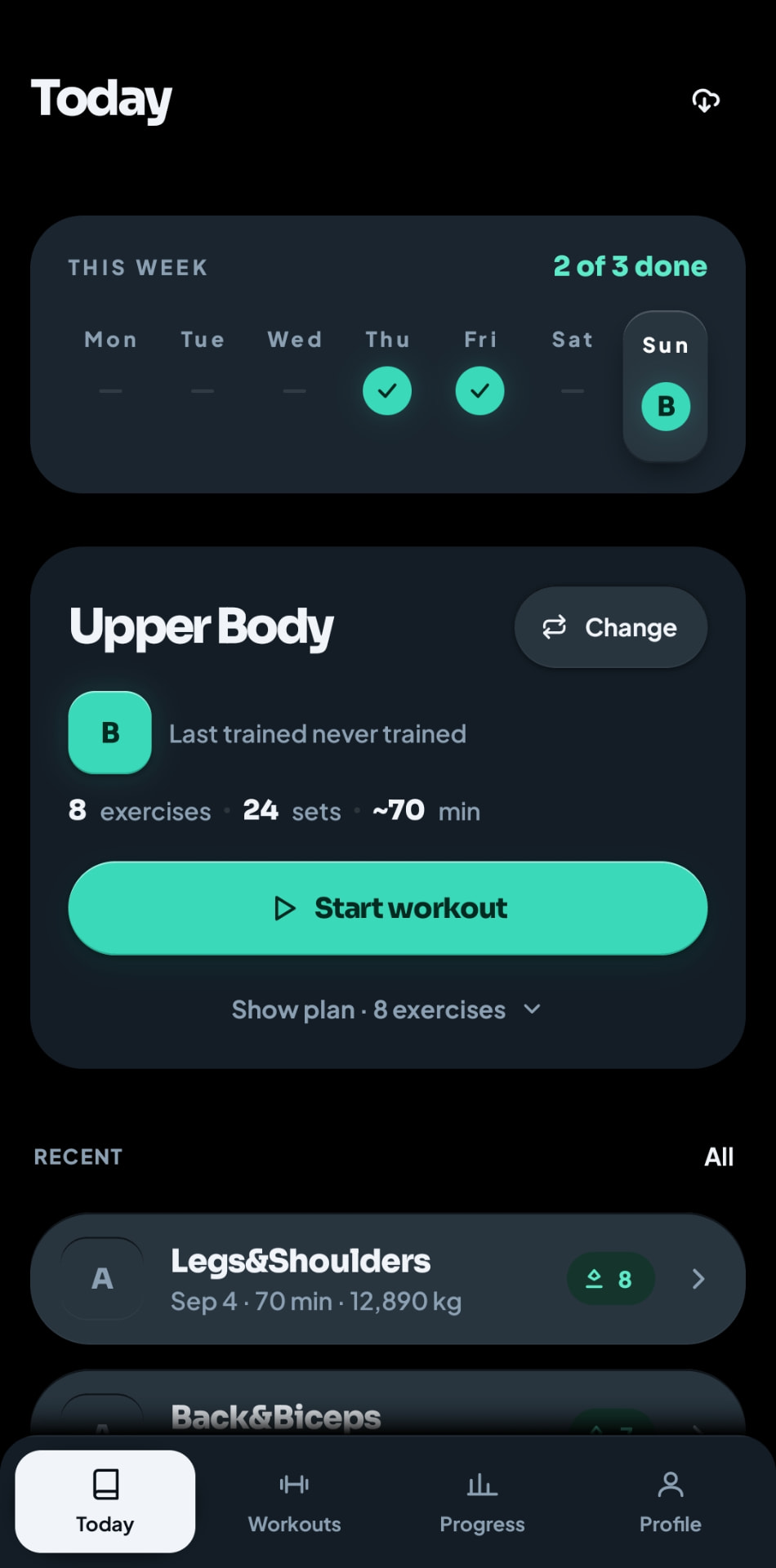 Chalk dark mode Today screen showing weekly progress and the next workout