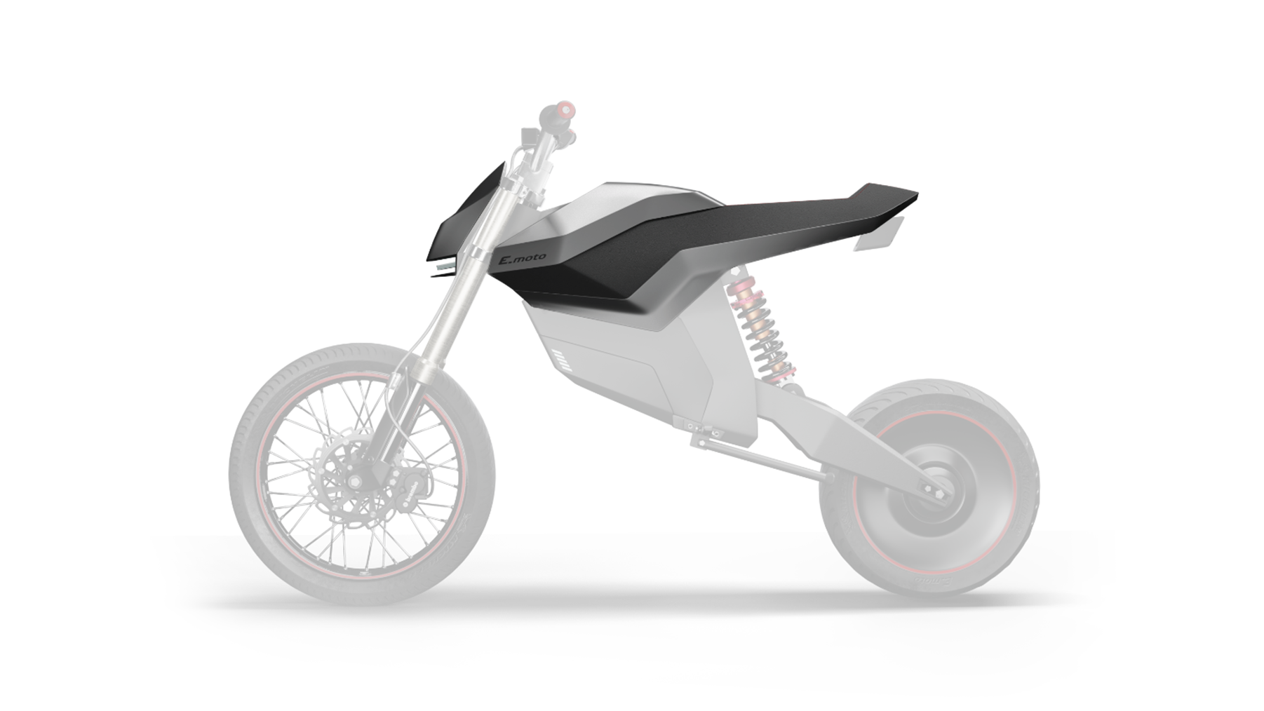 Flowing E-moto concept with darker, fluid silhouette and an extended ergonomic seat