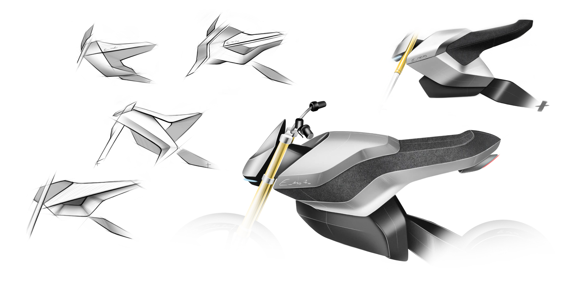 Digital render of the E-moto concept surfacing and ergonomics