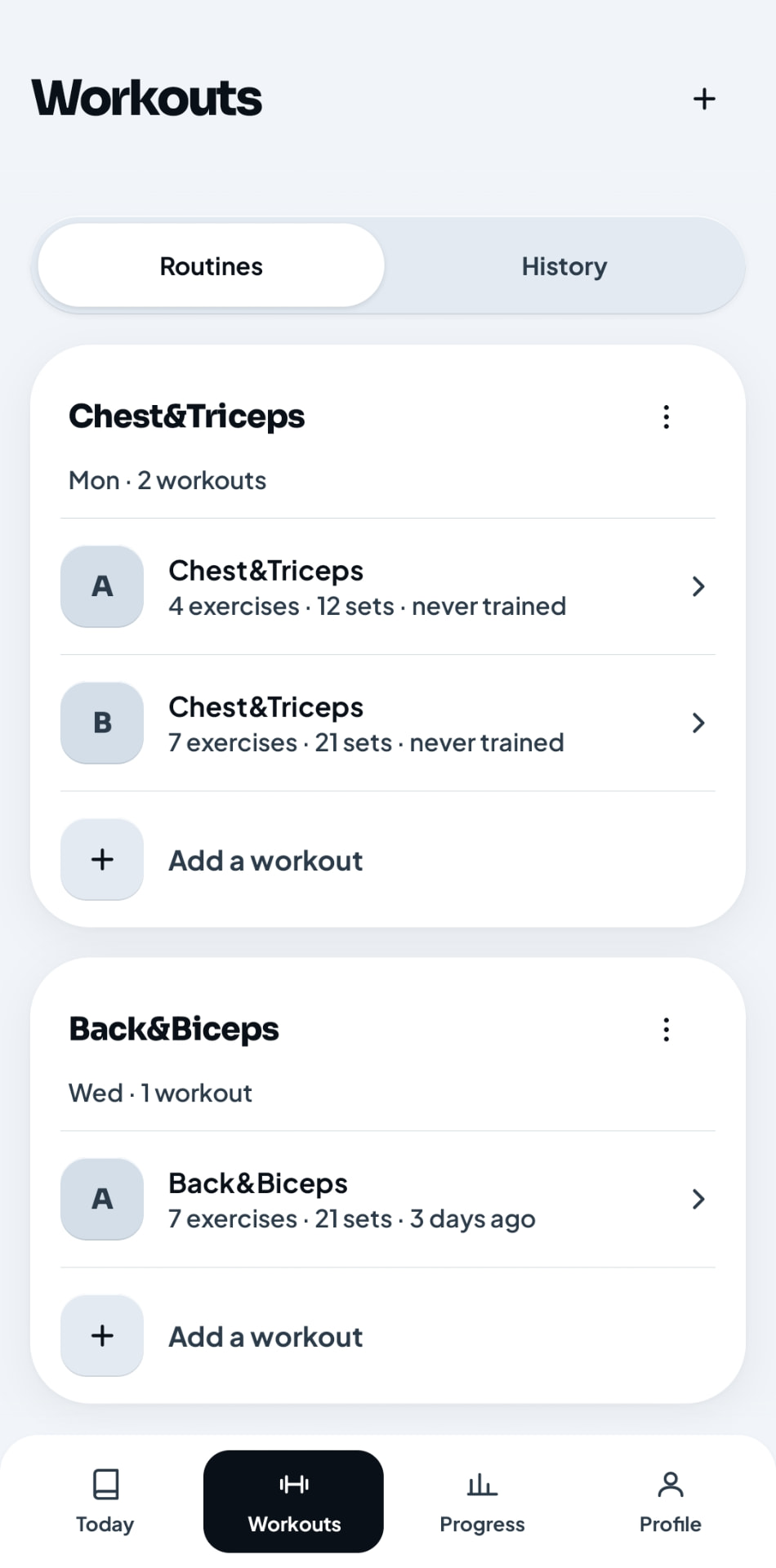 Chalk light mode Workouts screen listing routines by day