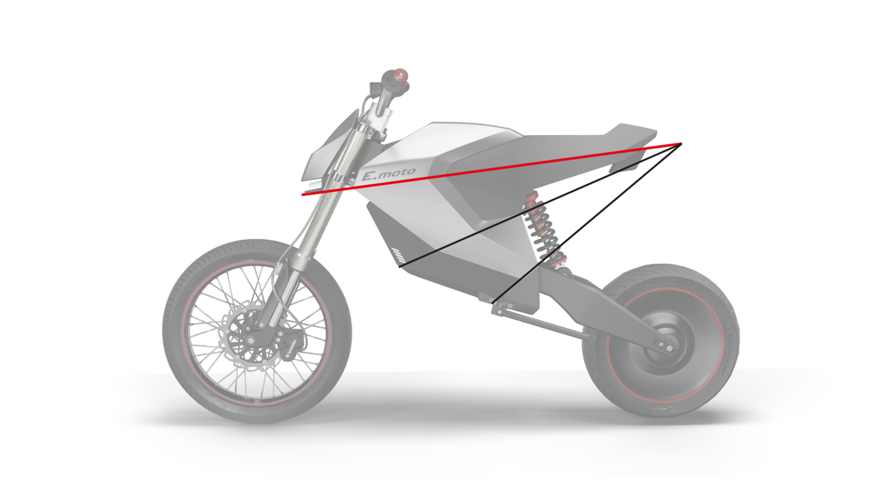 Geometric E-moto concept with faceted silver bodywork and a converging red vanishing line